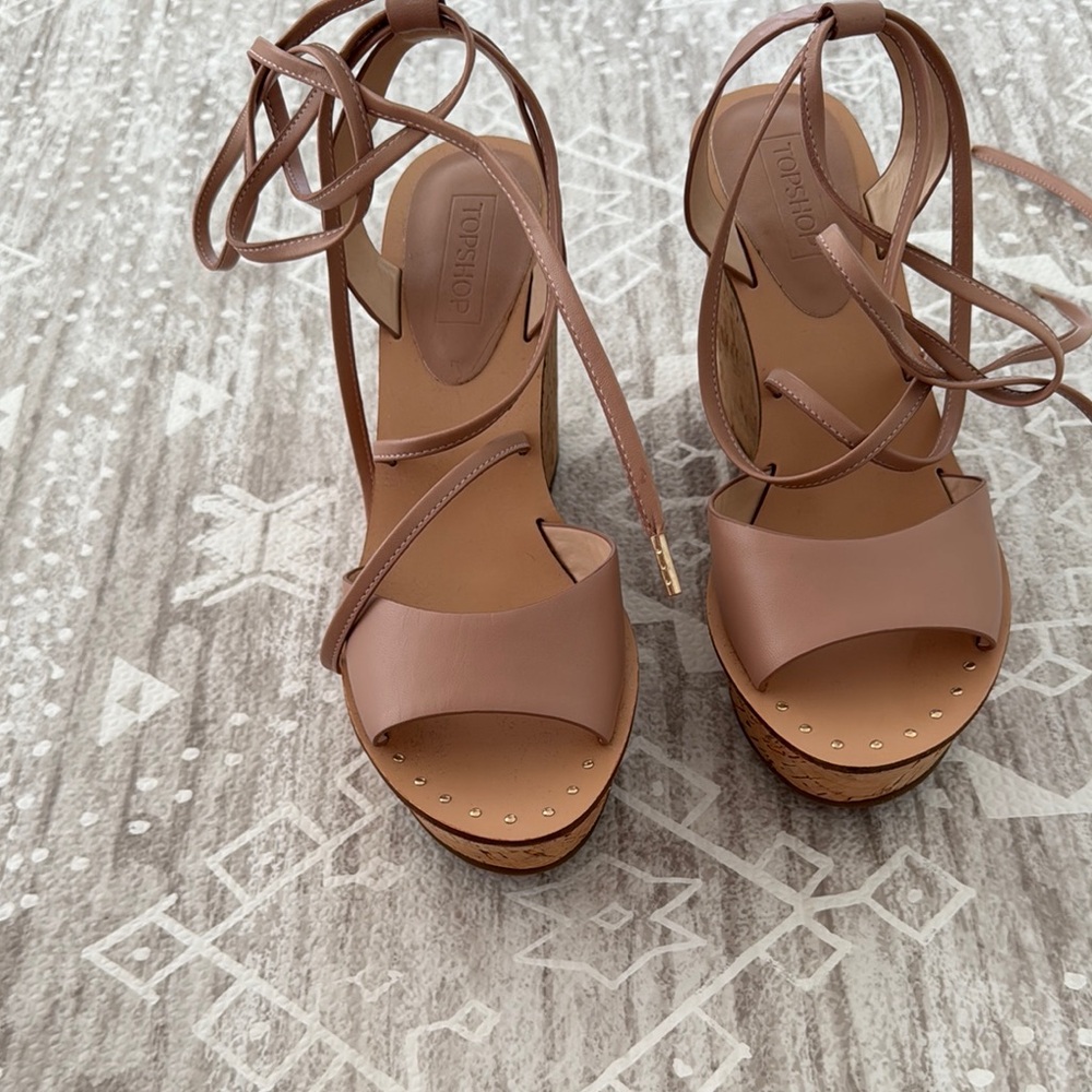 Topshop Tan Lace-Up Sandals with Block Heel